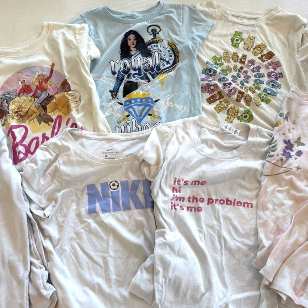 Girls Size 8 Medium Shirt Lot 7 Barbie Care Bears Disney Nike Long Sleeve Tees